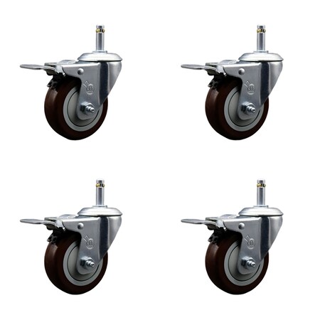Service Caster 3.5'' Maroon Poly Swivel 7/16'' Stem Caster Set with Total Lock Brake, 4PK SCC-GRTTL20S3514-PPUB-MRN-716138-4